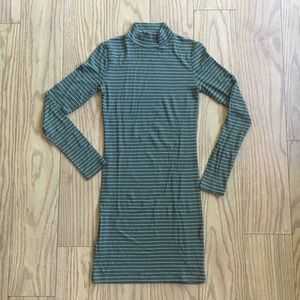 Green Striped Bodycon Turtle Neck Dress